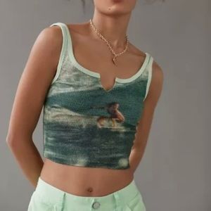 Urban outfitters notch neck surfer screenprint green summer beach tank top